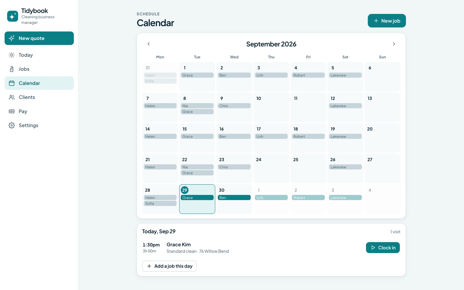 The Tidybook calendar for September, with client names on each day