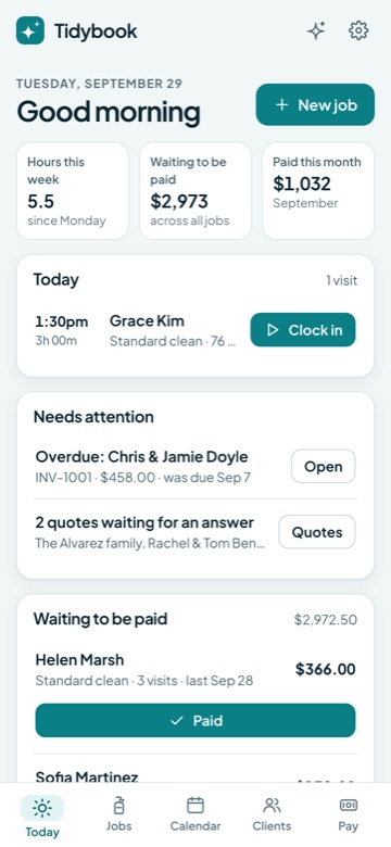 Tidybook on a phone, showing today's visits and a Clock in button