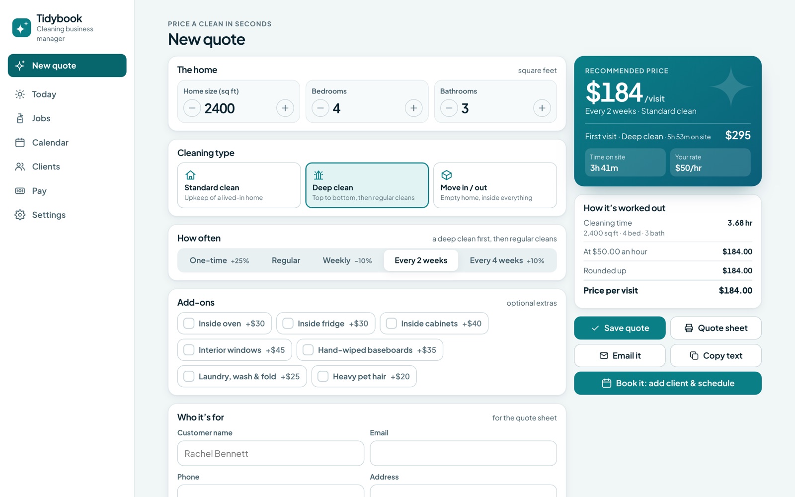 The Tidybook quote screen pricing a 2,400 sq ft home at $184 a visit