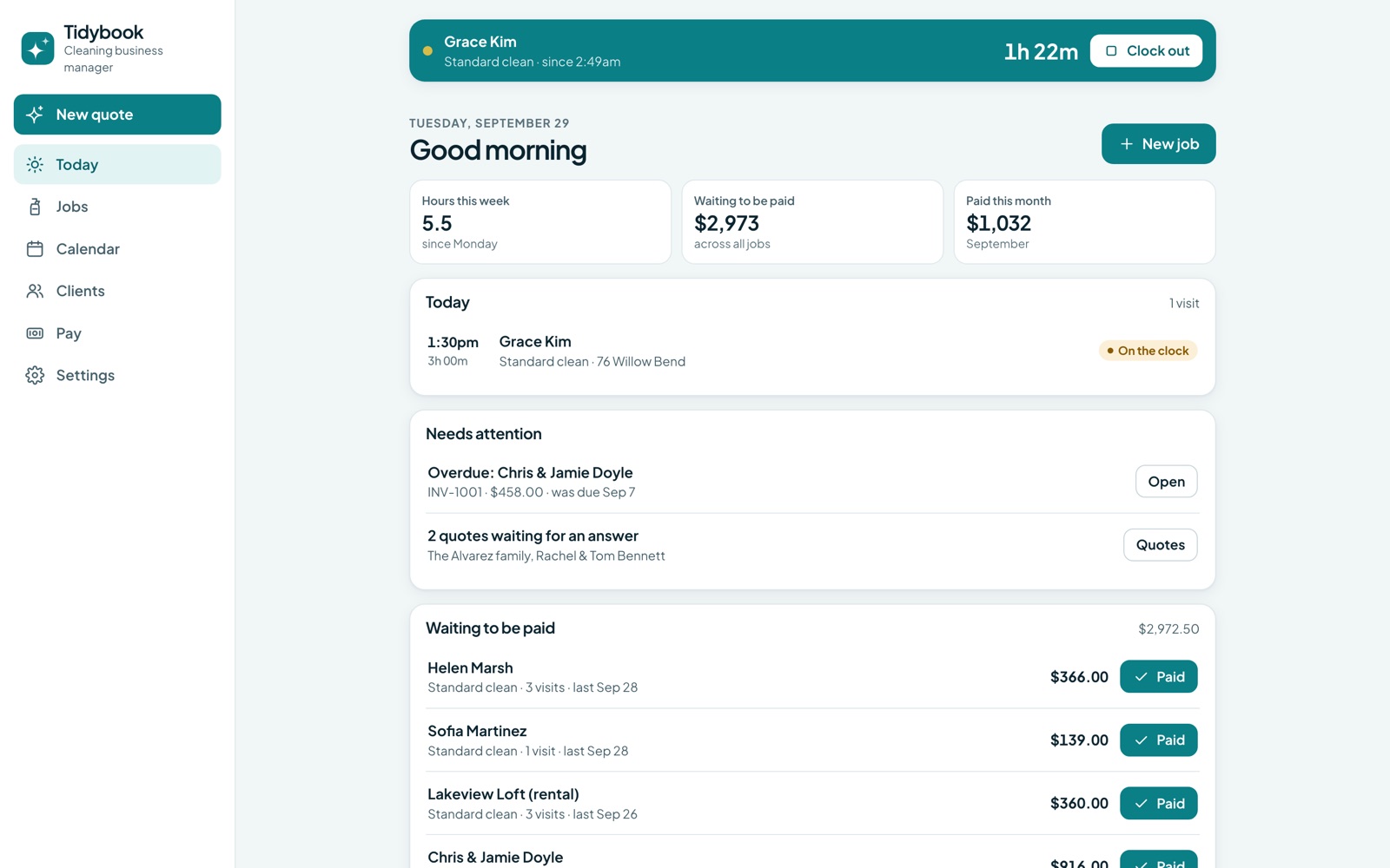 Today in Tidybook, showing hours this week and a running clock